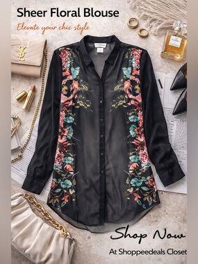 Worthington Sheer Floral Blouse Black Long Sleeve Button Front Top